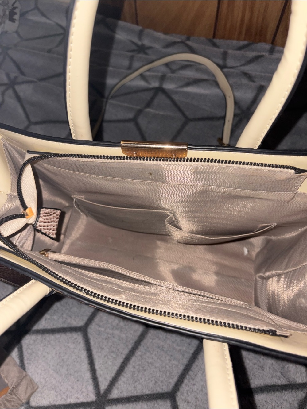 Crocodile embossed top handle satchel bag - taupe/cream